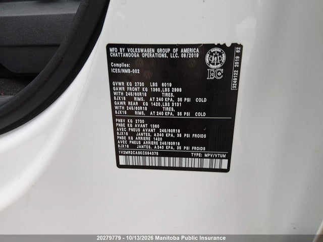 20279779 :رقم المزاد ، 1V2MR2CA8KC594375 vin ، 2019 Volkswagen Atlas Highline مزاد بيع