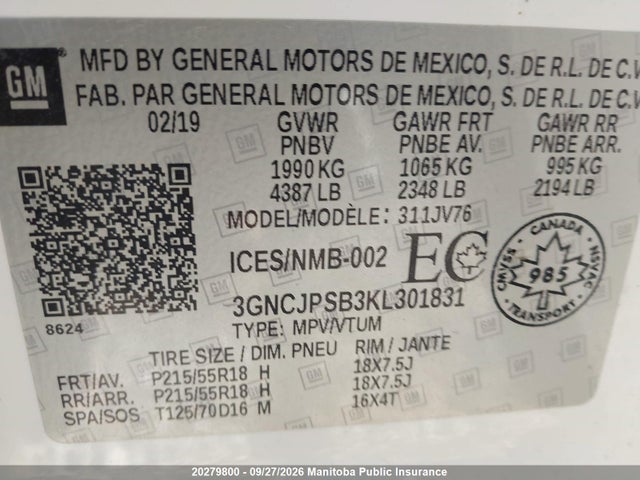 20279800 :رقم المزاد ، 3GNCJPSB3KL301831 vin ، 2019 Chevrolet Trax Lt مزاد بيع