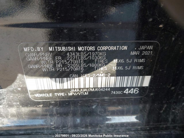 2021 Mitsubishi Rvr Es მანქანა იყიდება აუქციონზე, vin: JA4AJUAU7MU604244, აუქციონის ნომერი: 20279801