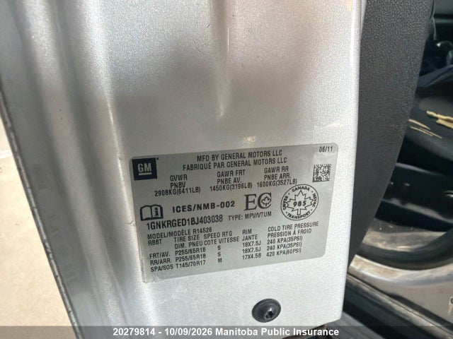 Продаж на аукціоні авто 2011 Chevrolet Traverse Lt, vin: 1GNKRGED1BJ403038, номер лоту: 20279814