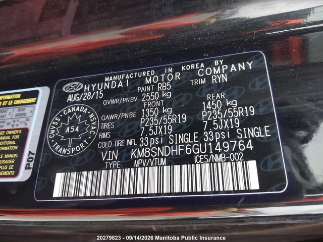 KM8SNDHF6GU149764 Hyundai Santa Fe Xl Limited