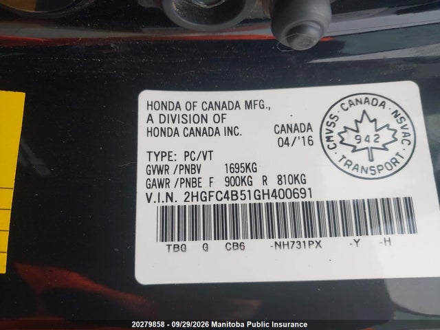 Продаж на аукціоні авто 2016 Honda Civic Lx, vin: 2HGFC4B51GH400691, номер лоту: 20279858