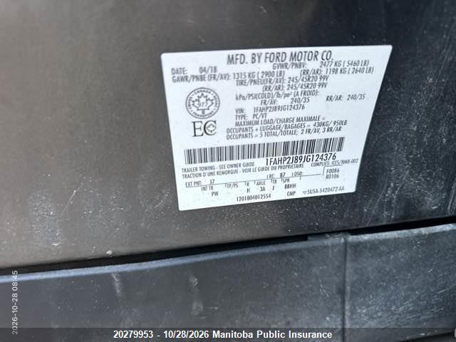 20279953 :رقم المزاد ، 1FAHP2J89JG124376 vin ، 2018 Ford Taurus Limited مزاد بيع