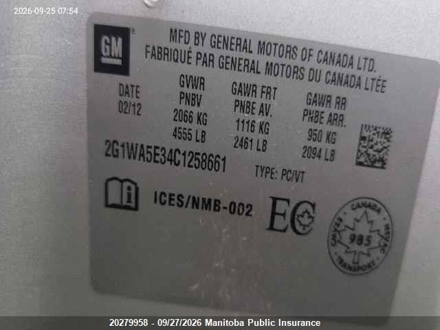 Aukcja sprzedaży 2012 Chevrolet Impala Ls V6, vin: 2G1WA5E34C1258661, numer aukcji: 20279958