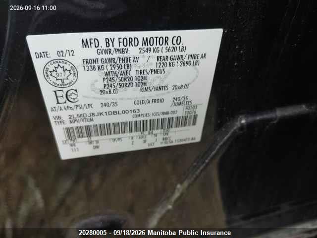20280005 :رقم المزاد ، 2LMDJ8JK1DBL00163 vin ، 2013 Lincoln Mkx مزاد بيع
