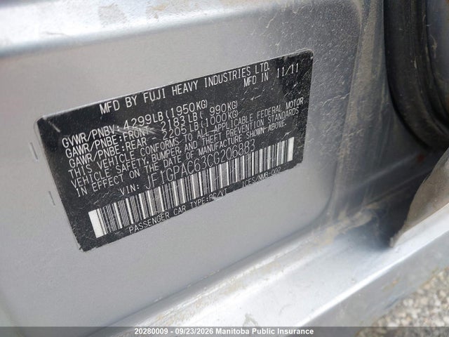 Aukcja sprzedaży 2012 Subaru Impreza 2.0i, vin: JF1GPAC63CG206883, numer aukcji: 20280009