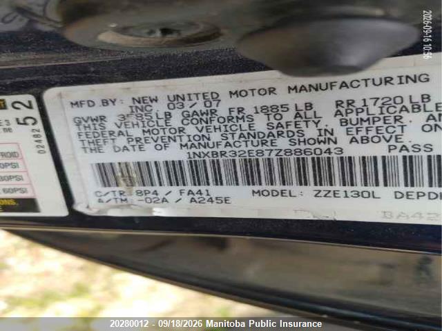 Aukcja sprzedaży 2007 Toyota Corolla Ce, vin: 1NXBR32E87Z886043, numer aukcji: 20280012