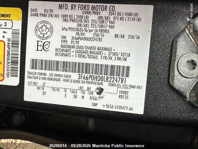 Ford FUSION SE 2020 3FA6P0HD0LR224781 Image 9