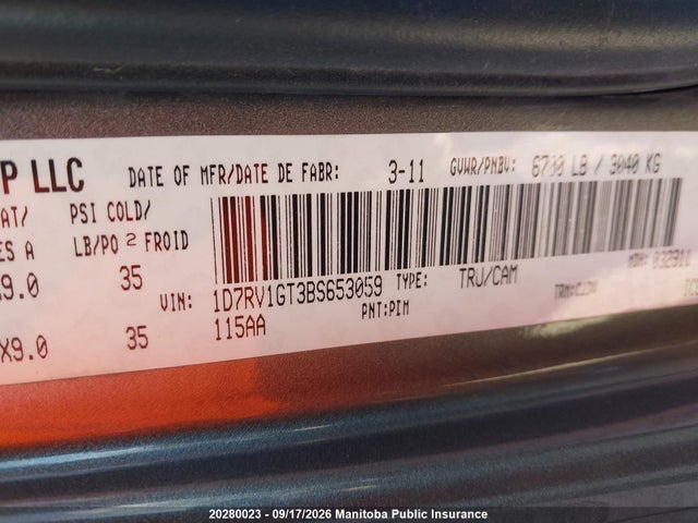 20280023 :رقم المزاد ، 1D7RV1GT3BS653059 vin ، 2011 Dodge Ram 1500 Sport Quad Cab مزاد بيع