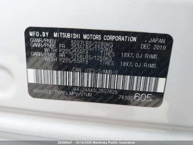 Aukcja sprzedaży 2020 Mitsubishi Outlander Gt, vin: JA4JZ4AX3LZ607825, numer aukcji: 20280047