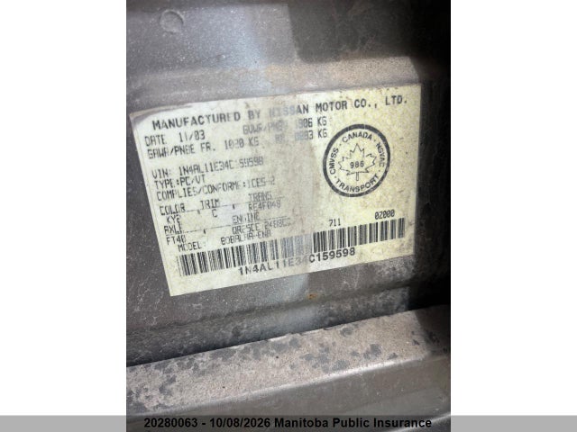 20280063 :رقم المزاد ، 1N4AL11E34C159598 vin ، 2004 Nissan Altima 2.5 Sl مزاد بيع