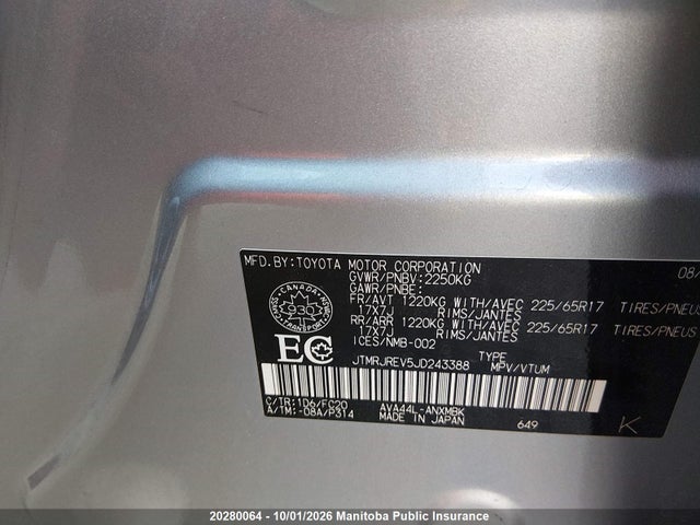 2018 Toyota Rav4 Le Hybrid მანქანა იყიდება აუქციონზე, vin: JTMRJREV5JD243388, აუქციონის ნომერი: 20280064