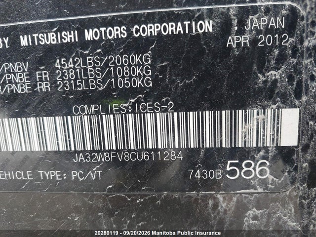 2012 Mitsubishi Lancer Evolution Gsr მანქანა იყიდება აუქციონზე, vin: JA32W8FV8CU611284, აუქციონის ნომერი: 20280119