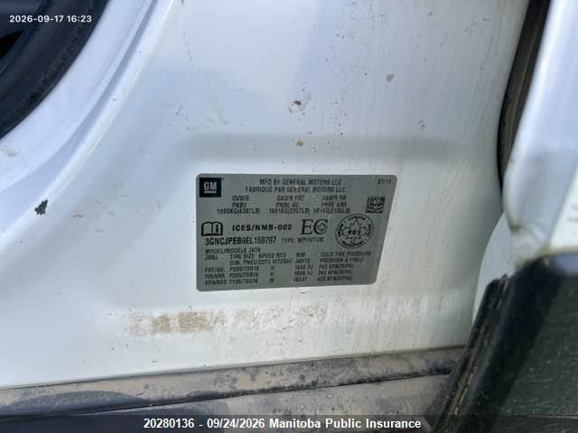 2014 Chevrolet Trax Lt მანქანა იყიდება აუქციონზე, vin: 3GNCJPEB9EL168797, აუქციონის ნომერი: 20280136