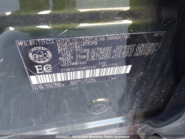 2013 Toyota Rav4 Le მანქანა იყიდება აუქციონზე, vin: 2T3BFREV3DW022446, აუქციონის ნომერი: 20280227