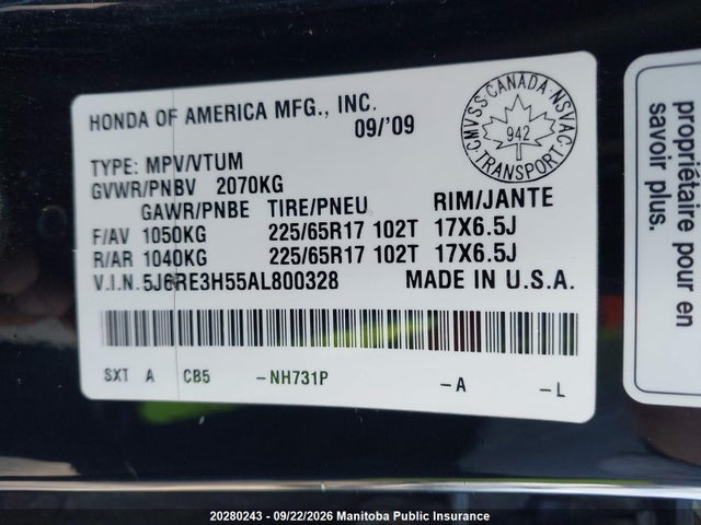 2010 Honda Cr-v Ex მანქანა იყიდება აუქციონზე, vin: 5J6RE3H55AL800328, აუქციონის ნომერი: 20280243