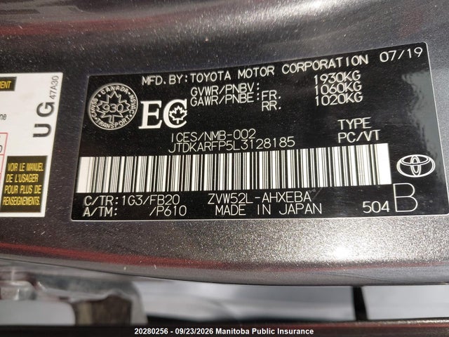 Продажа на аукционе авто 2020 Toyota Prius Prime, vin: JTDKARFP5L3128185, номер лота: 20280256