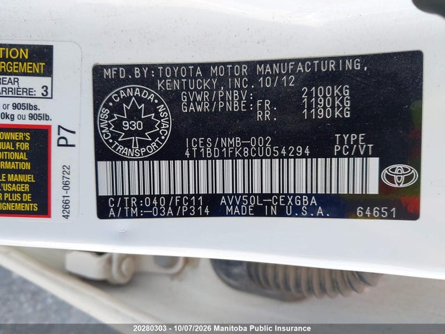 Aukcja sprzedaży 2012 Toyota Camry Xle Hybrid, vin: 4T1BD1FK8CU054294, numer aukcji: 20280303