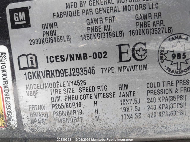 Aukcja sprzedaży 2014 Gmc Acadia Slt, vin: 1GKKVRKD9EJ293546, numer aukcji: 20280328