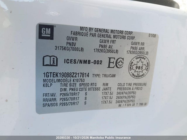 Aukcja sprzedaży 2008 Gmc Sierra 1500 Slt Ext Cab, vin: 1GTEK19088Z217814, numer aukcji: 20280330