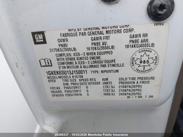 20280337 :رقم المزاد ، 1GKEK63U13J150011 vin ، 2003 Gmc Yukon Denali مزاد بيع