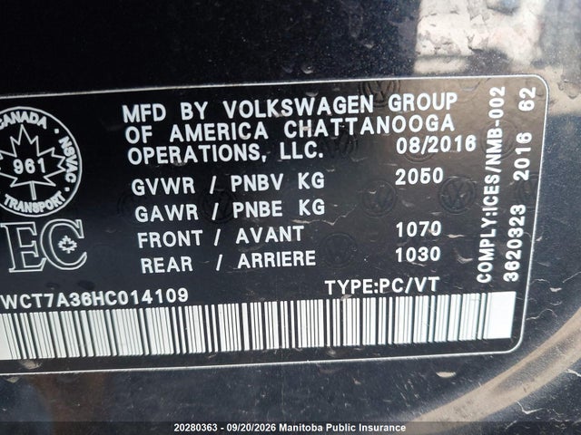 Продаж на аукціоні авто 2017 Volkswagen Passat 1.8 Tsi, vin: 1VWCT7A36HC014109, номер лоту: 20280363