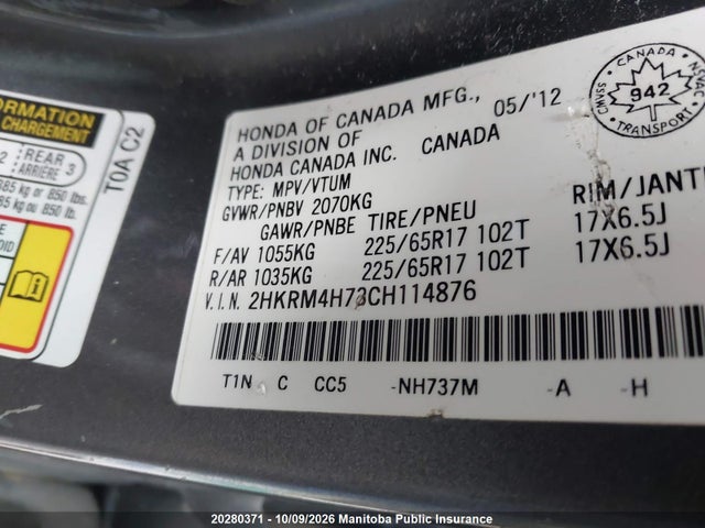 Aukcja sprzedaży 2012 Honda Cr-v Ex-l, vin: 2HKRM4H73CH114876, numer aukcji: 20280371