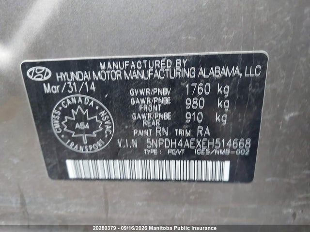 5NPDH4AEXEH514668 Hyundai Elantra Gls