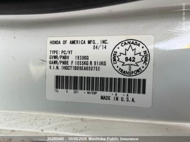 Honda Accord Ex-l 2014 1HGCT1B89EA800750 Image 9