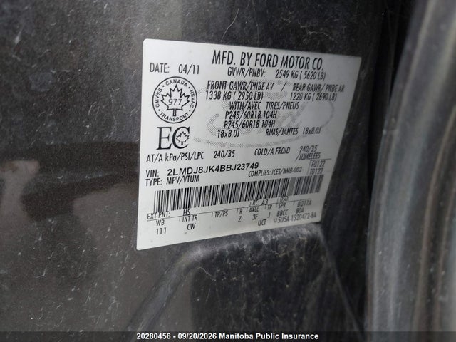 20280456 :رقم المزاد ، 2LMDJ8JK4BBJ23749 vin ، 2011 Lincoln Mkx مزاد بيع