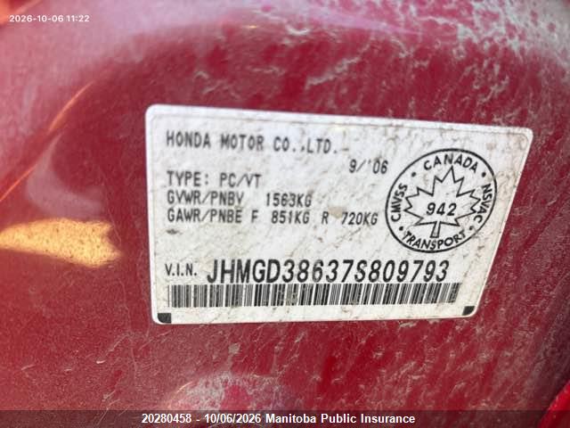 2007 Honda Fit Sport მანქანა იყიდება აუქციონზე, vin: JHMGD38637S809793, აუქციონის ნომერი: 20280458