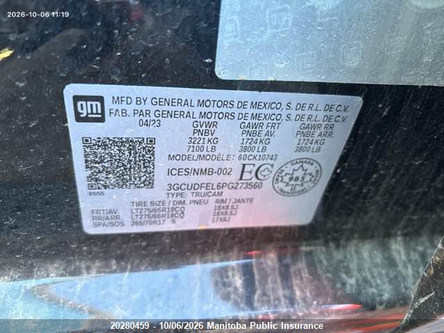 3GCUDFEL6PG273560 Chevrolet Silverado 1500 Lt Crew Cab