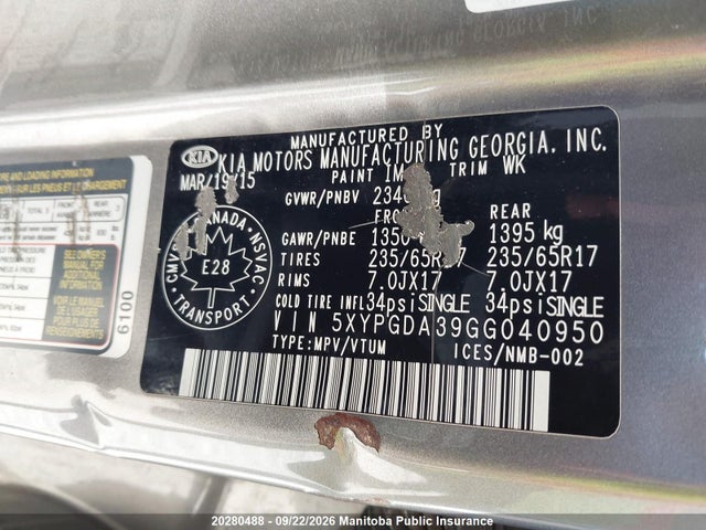 2016 Kia Sorento Lx მანქანა იყიდება აუქციონზე, vin: 5XYPGDA39GG040950, აუქციონის ნომერი: 20280488
