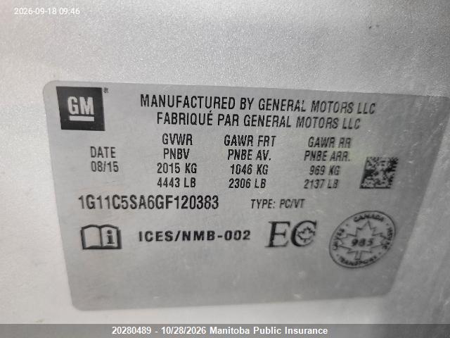 Продажа на аукционе авто 2016 Chevrolet Malibu Limited Lt, vin: 1G11C5SA6GF120383, номер лота: 20280489