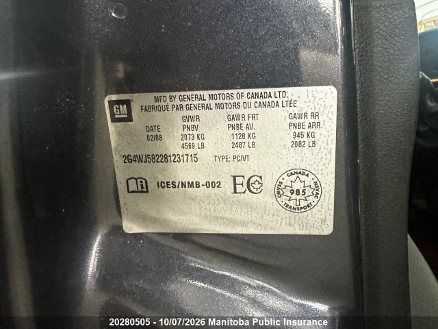 20280505 :رقم المزاد ، 2G4WJ582281231715 vin ، 2008 Buick Allure Cxl مزاد بيع