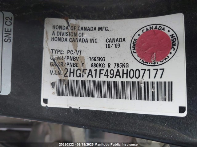 Aukcja sprzedaży 2010 Honda Civic Dx-g, vin: 2HGFA1F49AH007177, numer aukcji: 20280522