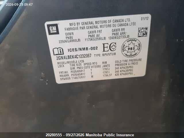 20280555 :رقم المزاد ، 2GNALBEK4C1232067 vin ، 2012 Chevrolet Equinox Ls مزاد بيع
