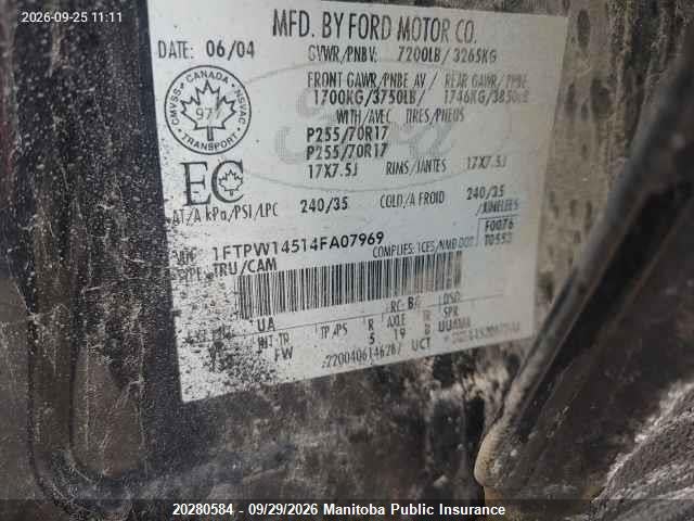 20280584 :رقم المزاد ، 1FTPW14514FA07969 vin ، 2004 Ford F150 Xlt Supercrew مزاد بيع