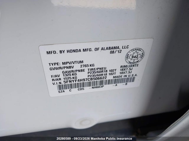 Продаж на аукціоні авто 2012 Honda Pilot Touring, vin: 5FNYF4H97CB506622, номер лоту: 20280589