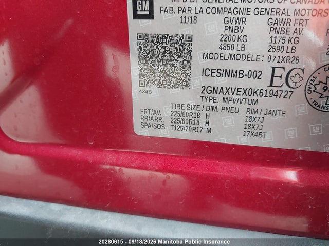 Aukcja sprzedaży 2019 Chevrolet Equinox Lt 2.0t, vin: 2GNAXVEX0K6194727, numer aukcji: 20280615