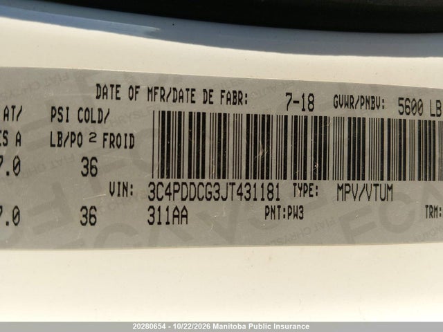 20280654 :رقم المزاد ، 3C4PDDCG3JT431181 vin ، 2018 Dodge Journey Sxt مزاد بيع