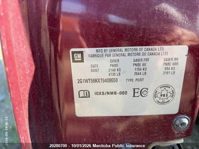 2007 Chevrolet Impala Lt V6 მანქანა იყიდება აუქციონზე, vin: 2G1WT58KX79408650, აუქციონის ნომერი: 20280700