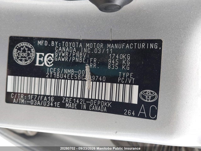 2011 Toyota Corolla Ce მანქანა იყიდება აუქციონზე, vin: 2T1BU4EE5BC599740, აუქციონის ნომერი: 20280702