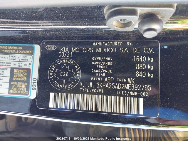 Aukcja sprzedaży 2021 Kia Rio Lx+, vin: 3KPA25AD2ME392795, numer aukcji: 20280716