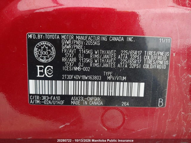 Aukcja sprzedaży 2011 Toyota Rav4 Limited, vin: 2T3DF4DV1BW163803, numer aukcji: 20280722