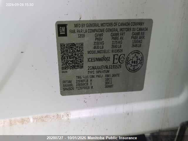 20280727 :رقم المزاد ، 2GNAXXEV9L6191529 vin ، 2020 Chevrolet Equinox Premier مزاد بيع
