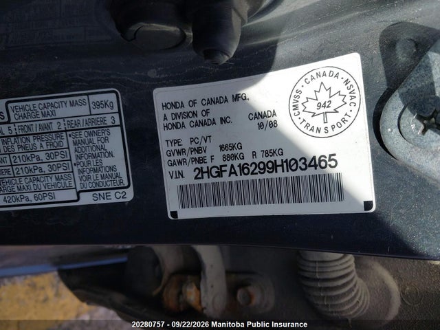 2009 Honda Civic Dx მანქანა იყიდება აუქციონზე, vin: 2HGFA16299H103465, აუქციონის ნომერი: 20280757