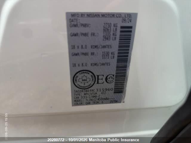 20280772 :رقم المزاد ، 5N1DR3BE4RC315960 vin ، 2024 Nissan Pathfinder Sv مزاد بيع