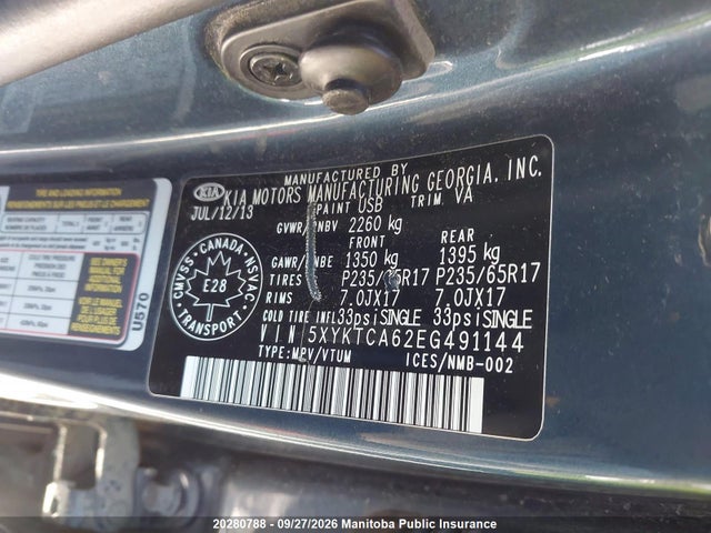 Продажа на аукционе авто 2014 Kia Sorento Lx, vin: 5XYKTCA62EG491144, номер лота: 20280788