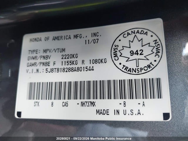 Aukcja sprzedaży 2008 Acura Rdx, vin: 5J8TB18288A801544, numer aukcji: 20280821